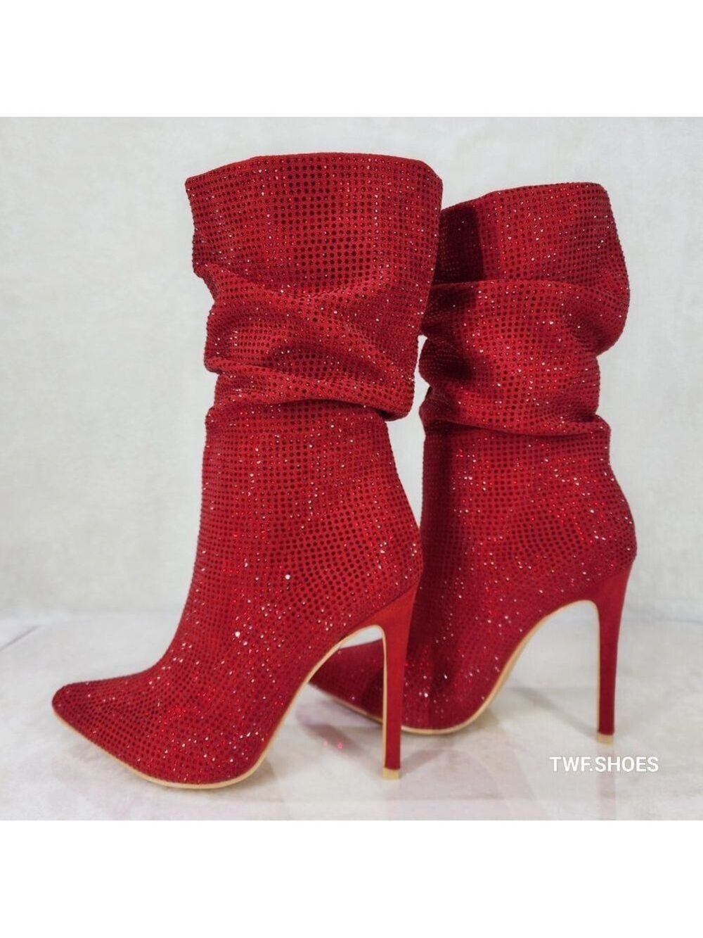 Resolve Sparkling Red Rhinestone High Heel Slouch Calf Boots New Years Bling